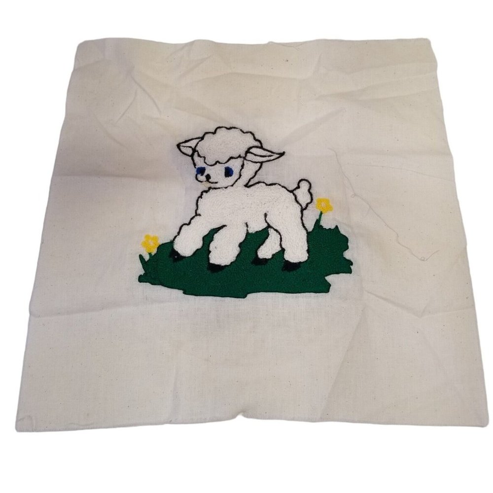 Vintage Hand Embroidered Quilt Square Handmade Spring Lamb Unfinished Animal - Picture 6 of 8